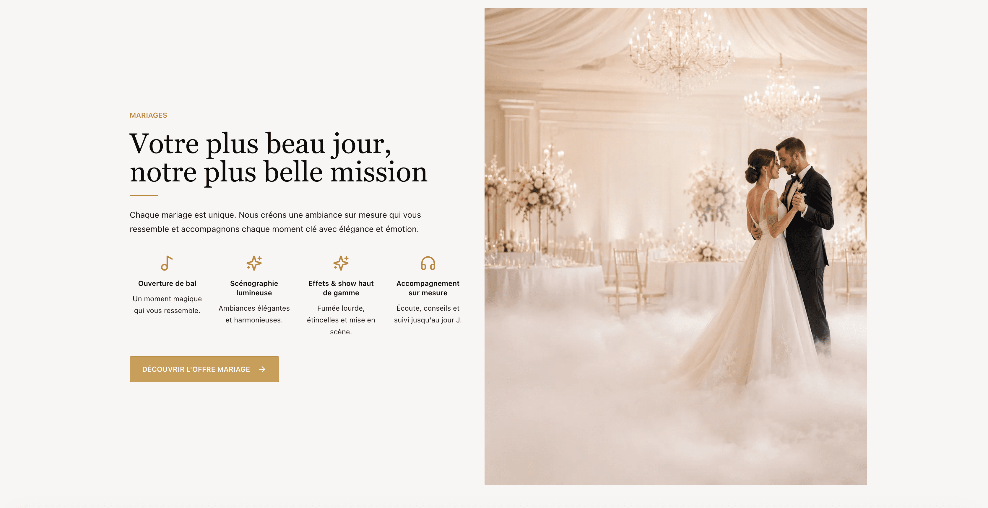 Page Fred Music présentant une offre mariage premium.
